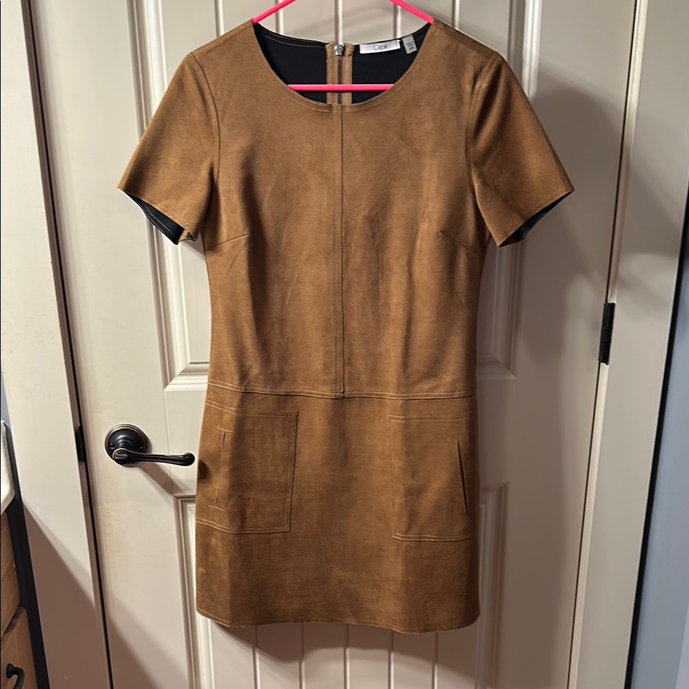 Dex Tan Sheath Mini Dress Short Sleeve Crew Neck
